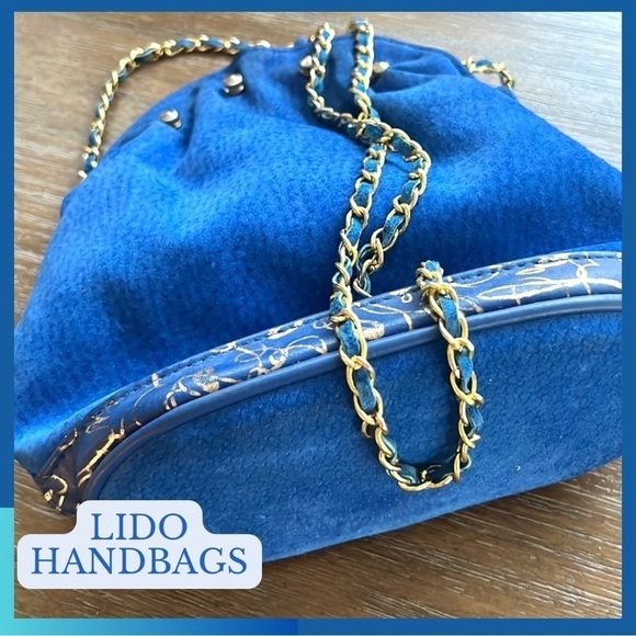 💙LIDO Handbag,Vibrant Blue Suede Leather, Made in USA,Blue/Gold Woven Chain,EUC - Picture 8 of 12